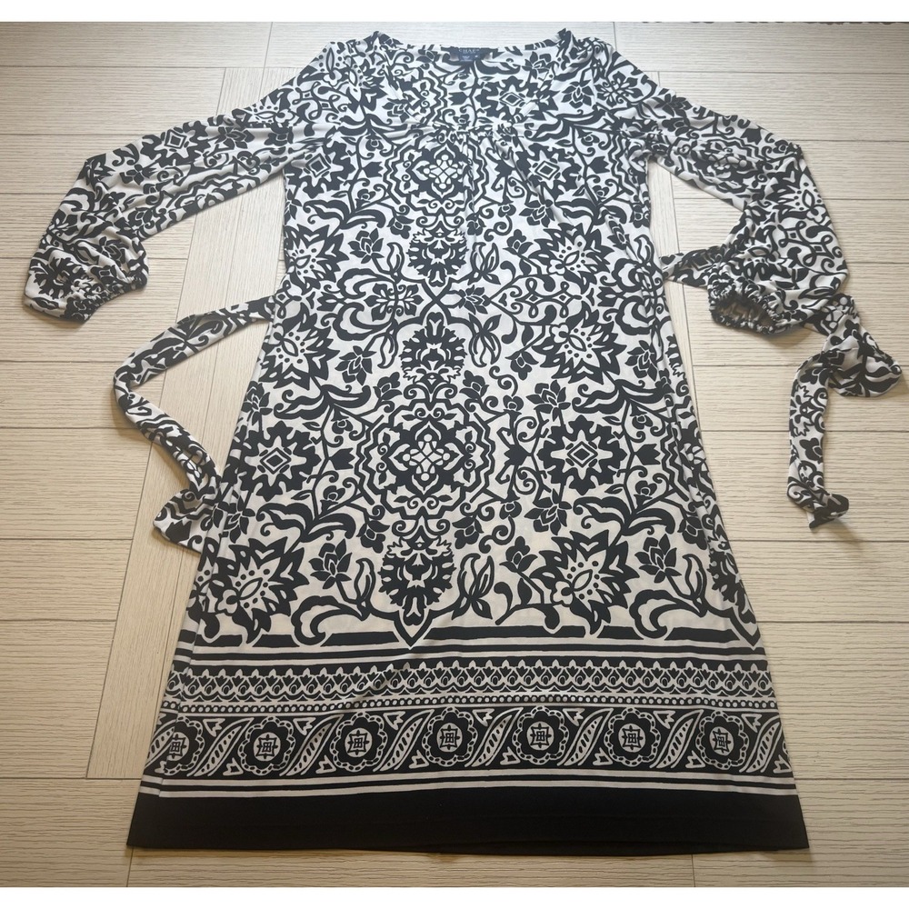 Chaps Womens Black White Sz M‎ Floral Dress Belted Long Sleeve Midi Poly Spandex